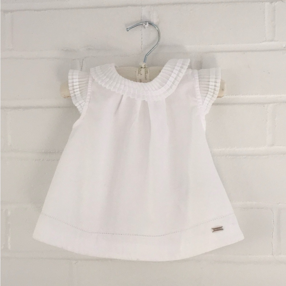 Mayoral White Baby Dress Up Top With Pleated Collar And Pleated Cap Sleeves